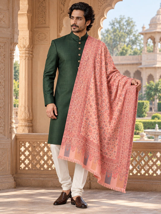 Weavers Villa MS-517-PEACH men's shawl styled on a premium model in a royal setting, view 1.