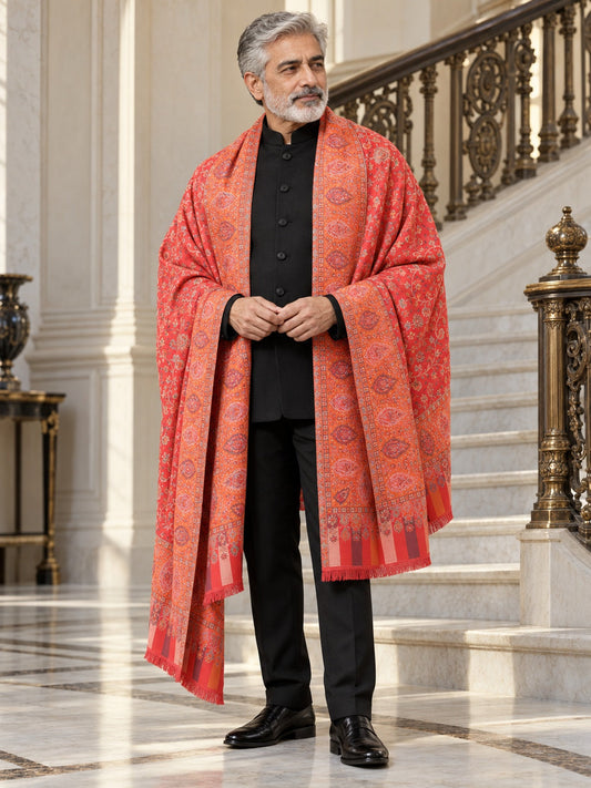 Weavers Villa MS-517-RED men's shawl styled on a premium model in a royal setting, view 1.