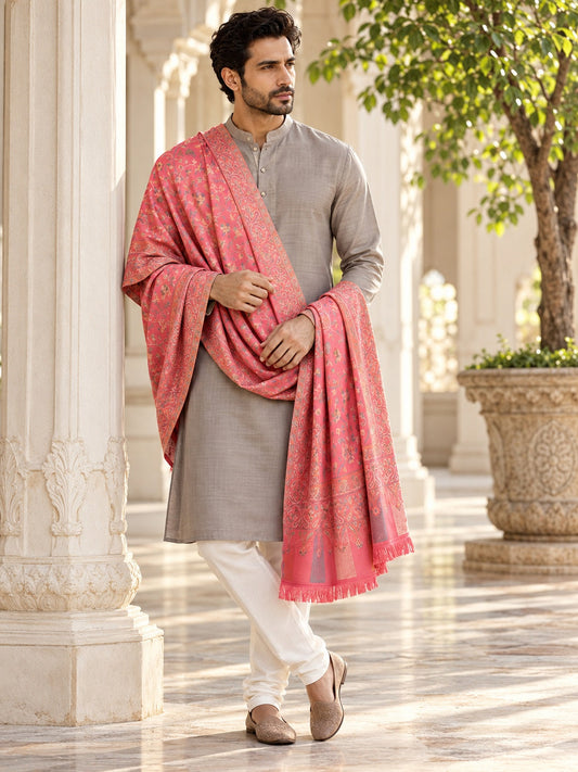 Weavers Villa MS-517-ROSE men's shawl styled on a premium model in a royal setting, view 1.