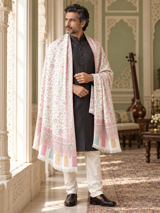 Weavers Villa MS-517-WHITE men's shawl styled on a premium model in a royal setting, view 1.