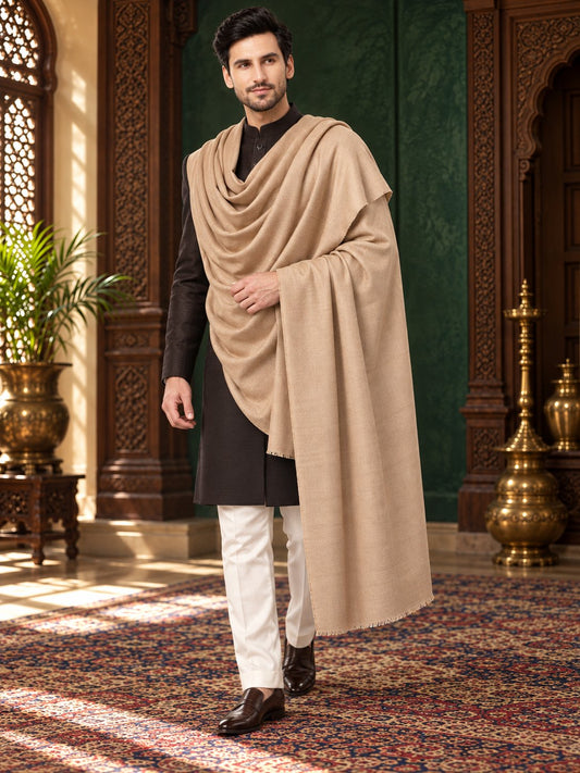 Beige plain wool men's lohi in a flowing royal drape, full-length heritage palace portrait