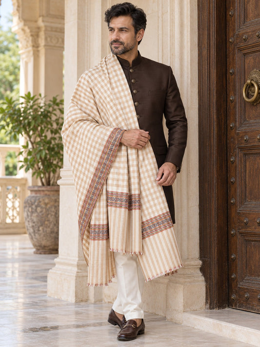 Weavers Villa MS-991-DARKBEIGE men's shawl styled on a premium model in a royal setting, view 1.