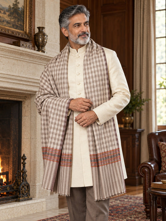 Weavers Villa MS-991-DARKBROWN men's shawl styled on a premium model in a royal setting, view 1.