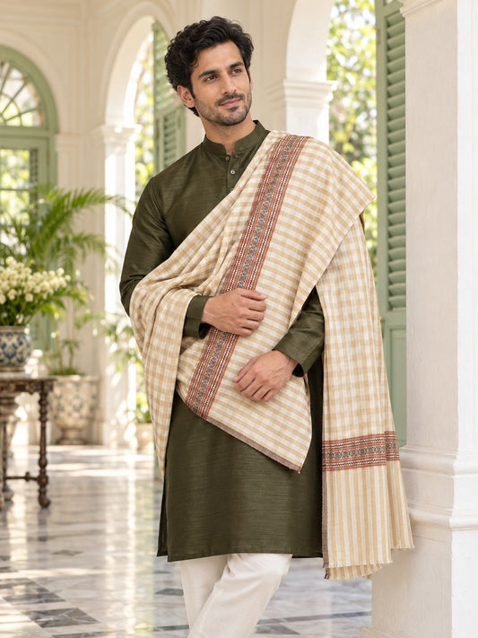 Weavers Villa MS-991-LIGHTBEIGE men's shawl styled on a premium model in a royal setting, view 1.