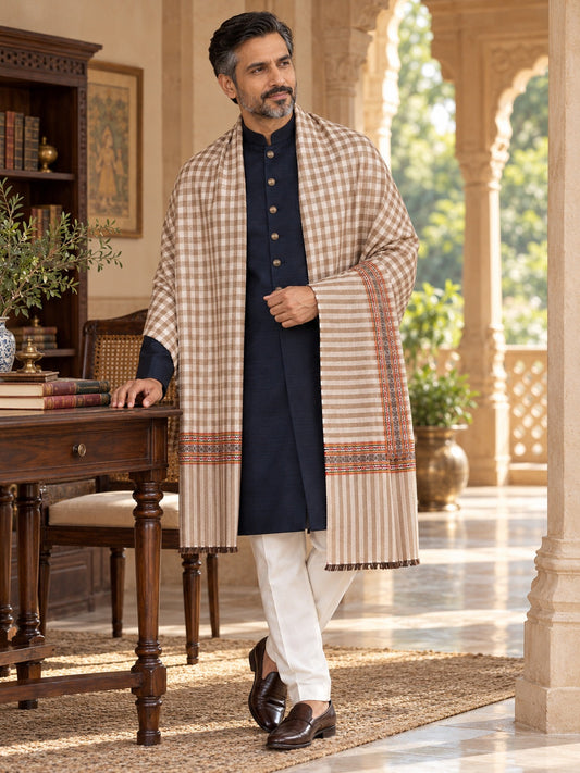 Weavers Villa MS-991-LIGHTBROWN men's shawl styled on a premium model in a royal setting, view 1.