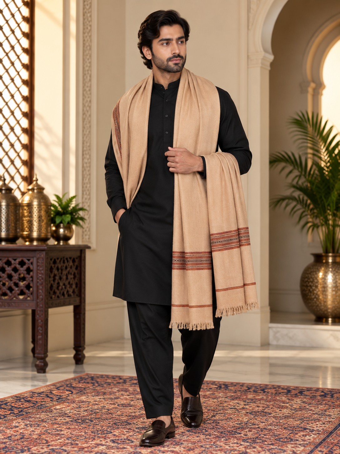 Weavers Villa Men's Poly Wool Kullu Border Lohi Shawl