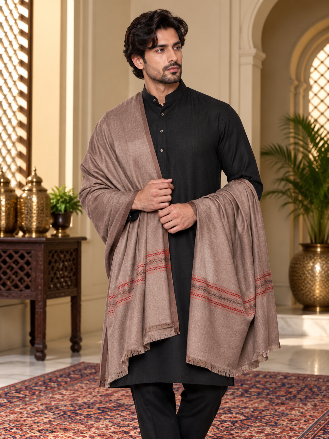 Weavers Villa Men's Poly Wool Kullu Border Lohi Shawl