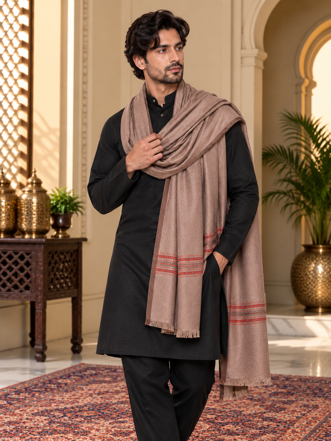 Weavers Villa Men's Poly Wool Kullu Border Lohi Shawl