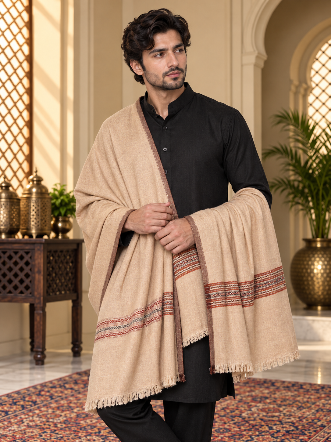 Weavers Villa Men's Poly Wool Kullu Border Lohi Shawl