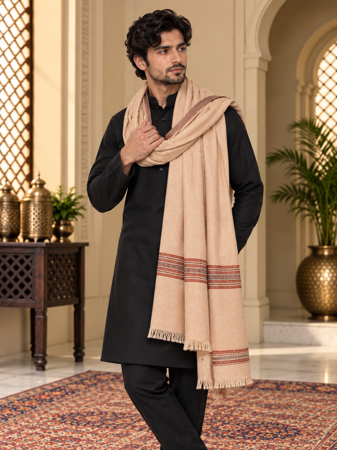 Weavers Villa Men's Poly Wool Kullu Border Lohi Shawl