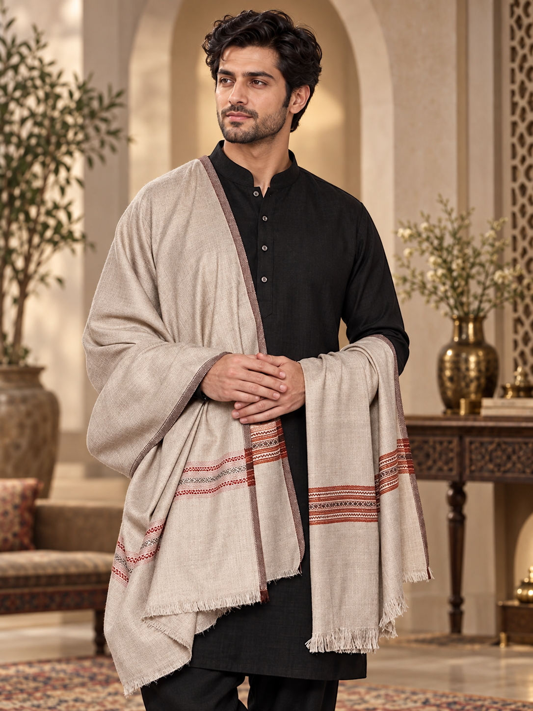 Weavers Villa Men's Poly Wool Kullu Border Lohi Shawl