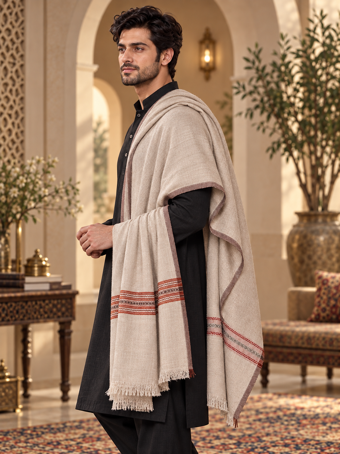 Weavers Villa Men's Poly Wool Kullu Border Lohi Shawl