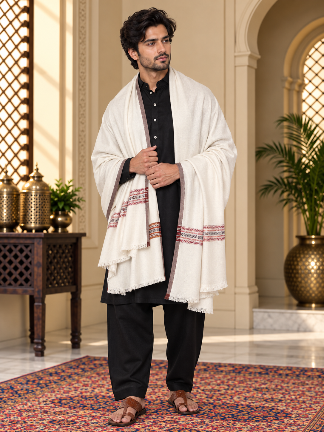 A man wearing a black traditional outfit and sandals, draped in a white shawl with red and blue geometric patterns, standing in an ornate indoor setting with a patterned rug.
