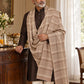 Weavers Villa MS-CHECKS-BEIGE men's shawl styled on a premium model in a royal setting, view 1.