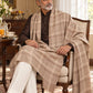 Weavers Villa MS-CHECKS-BEIGE men's shawl styled on a premium model in a royal setting, view 2.