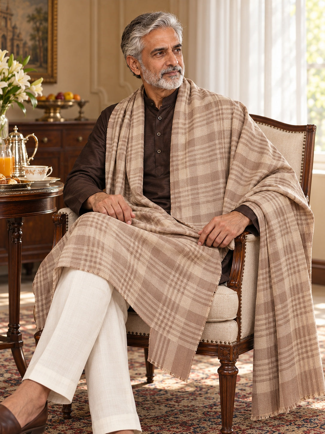 Weavers Villa MS-CHECKS-BEIGE men's shawl styled on a premium model in a royal setting, view 2.