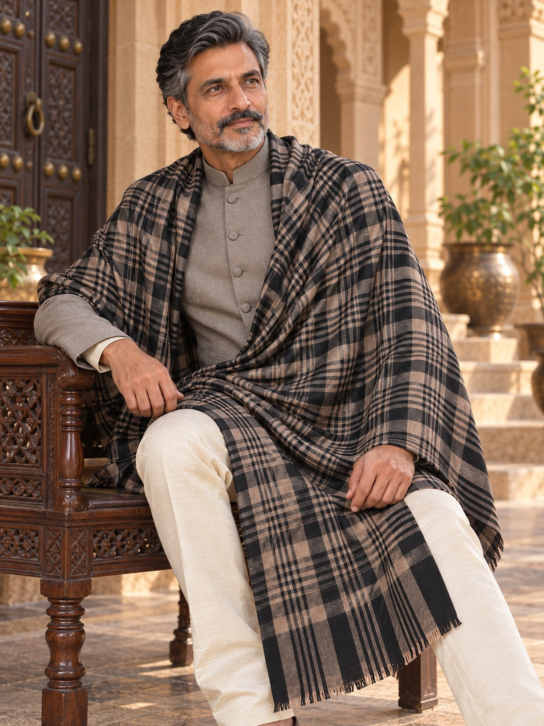 Weavers Villa MS-CHECKS-BLACK men's shawl styled on a premium model in a royal setting, view 2.