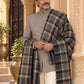 Weavers Villa MS-CHECKS-BLACK men's shawl styled on a premium model in a royal setting, view 4.