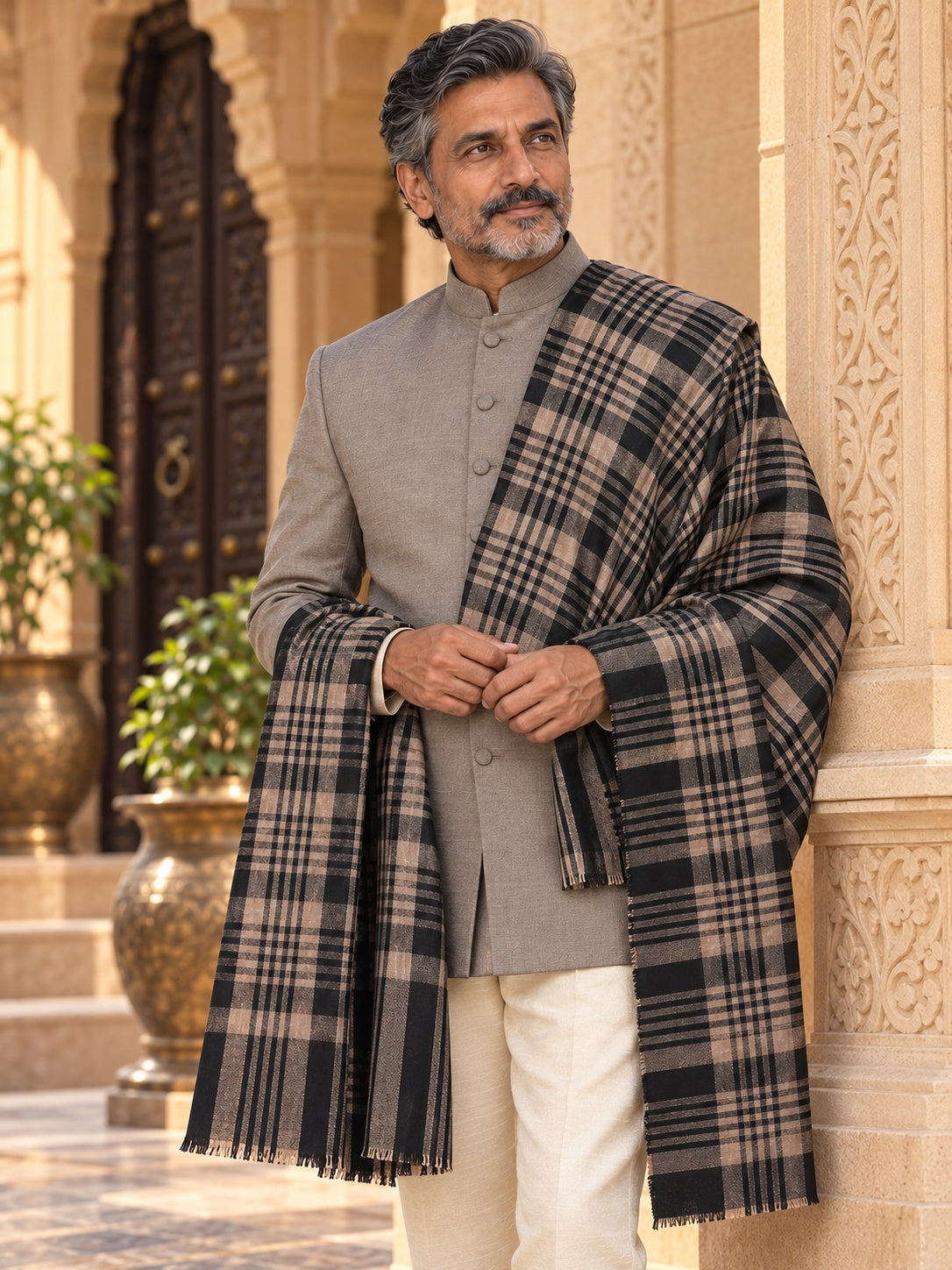 Weavers Villa MS-CHECKS-BLACK men's shawl styled on a premium model in a royal setting, view 4.