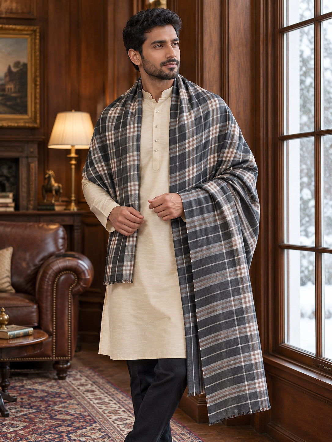 Weavers Villa MS-CHECKS-CHARCOAL men's shawl styled on a premium model in a royal setting, view 1.