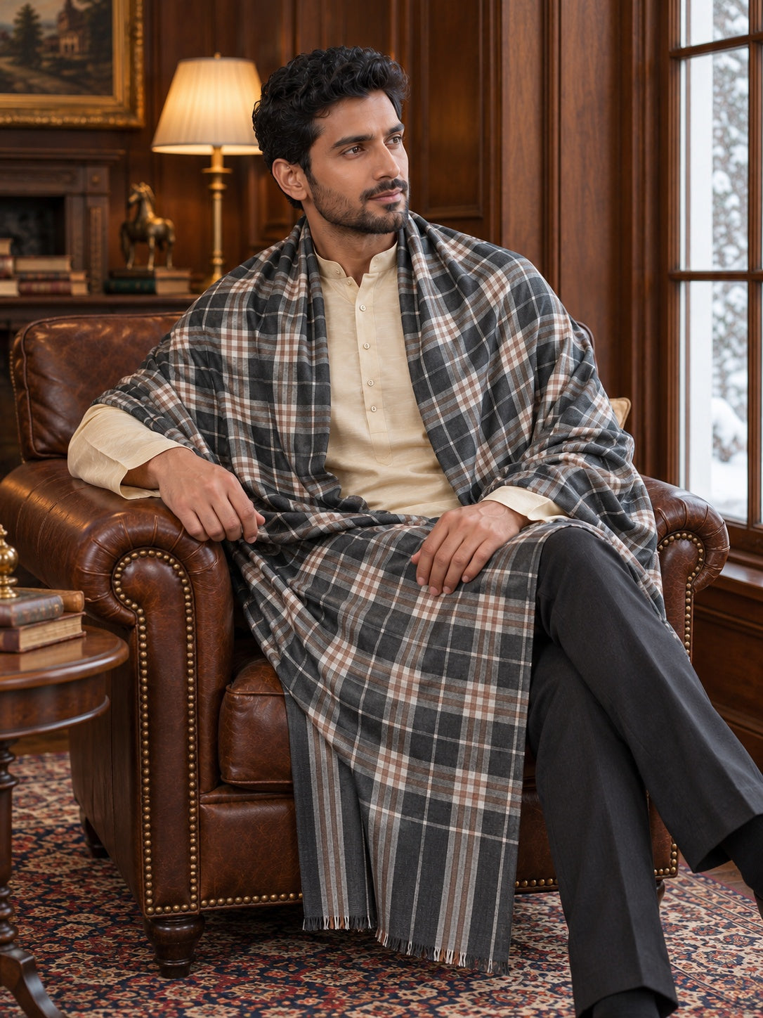 Weavers Villa MS-CHECKS-CHARCOAL men's shawl styled on a premium model in a royal setting, view 2.