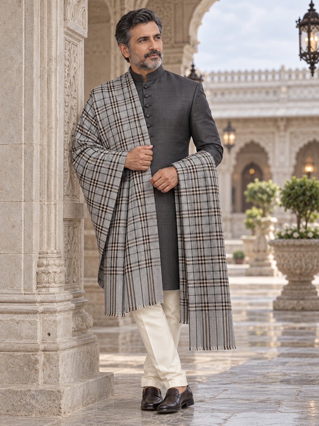 Weavers Villa MS-CHECKS-GREY men's shawl styled on a premium model in a royal setting, view 2.