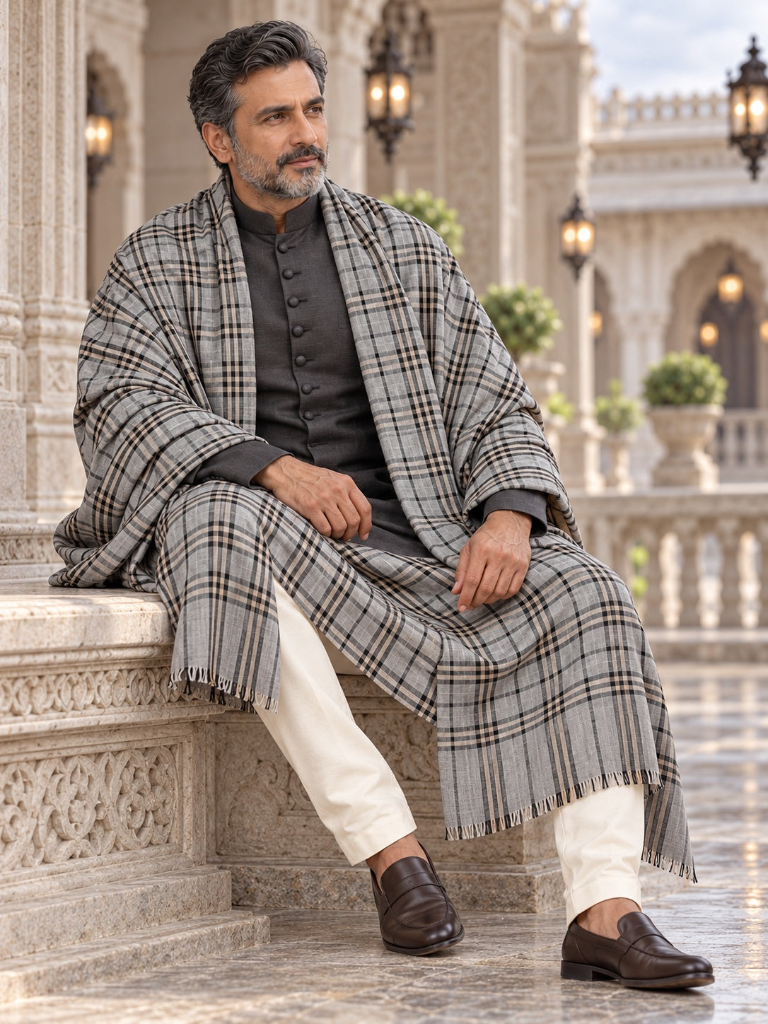 Weavers Villa MS-CHECKS-GREY men's shawl styled on a premium model in a royal setting, view 3.