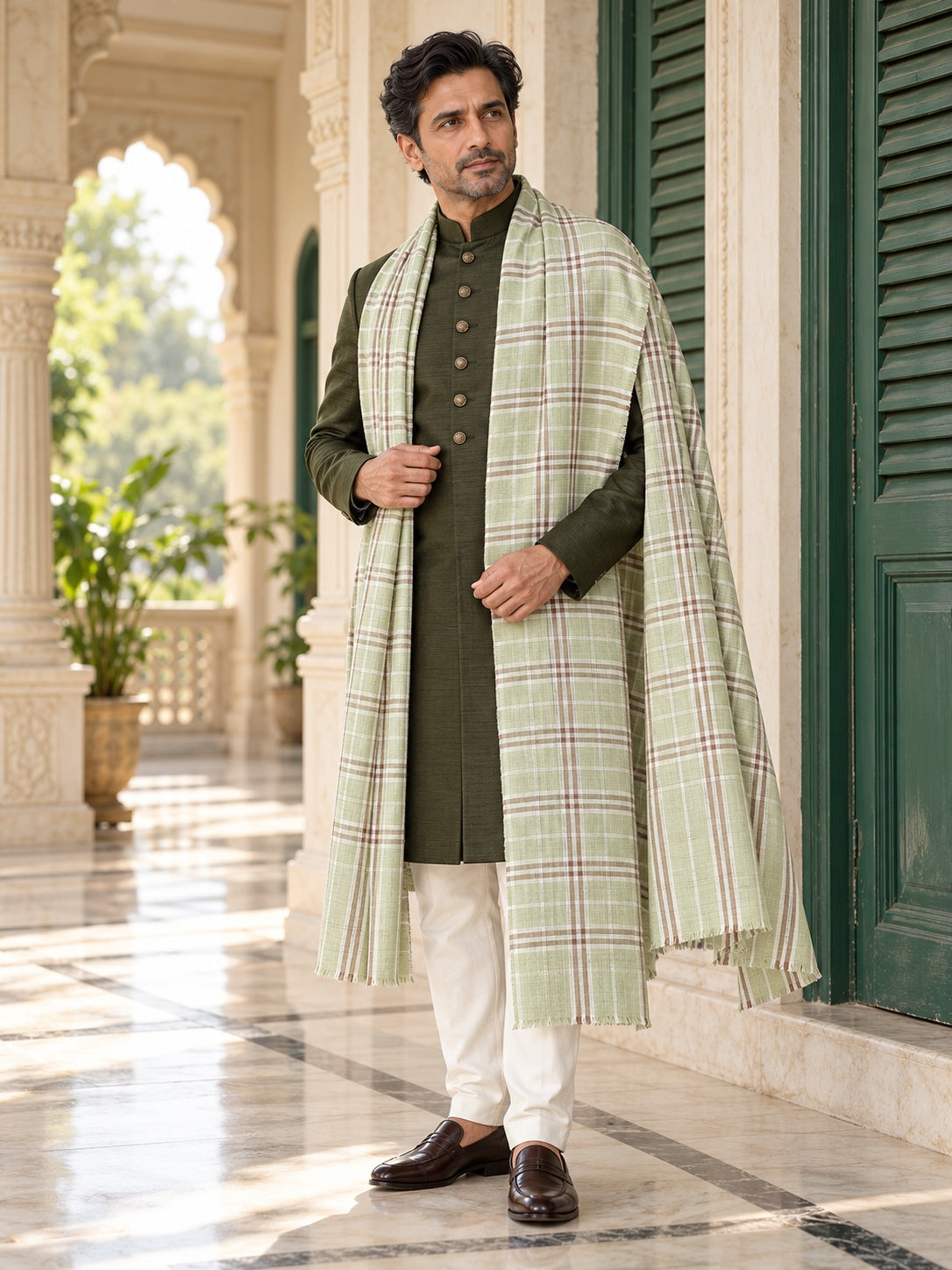 Weavers Villa MS-CHECKS-PISTA men's shawl styled on a premium model in a royal setting, view 1.