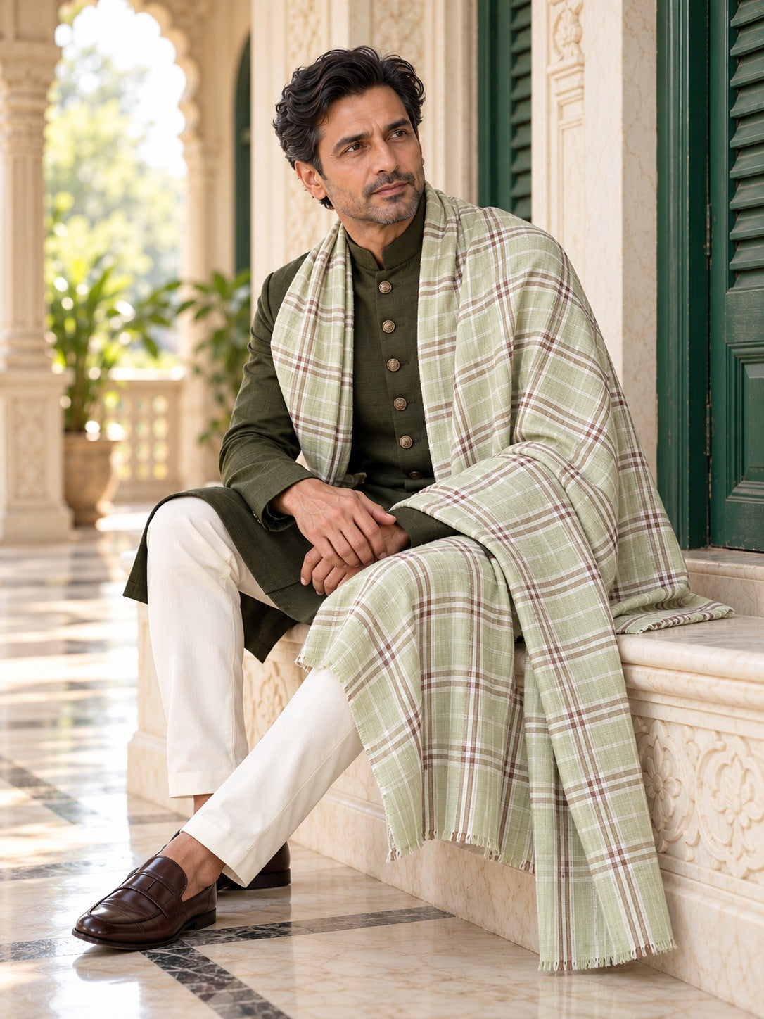 Weavers Villa MS-CHECKS-PISTA men's shawl styled on a premium model in a royal setting, view 2.
