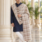Weavers Villa MS-CHECKS-WHITE men's shawl styled on a premium model in a royal setting, view 1.