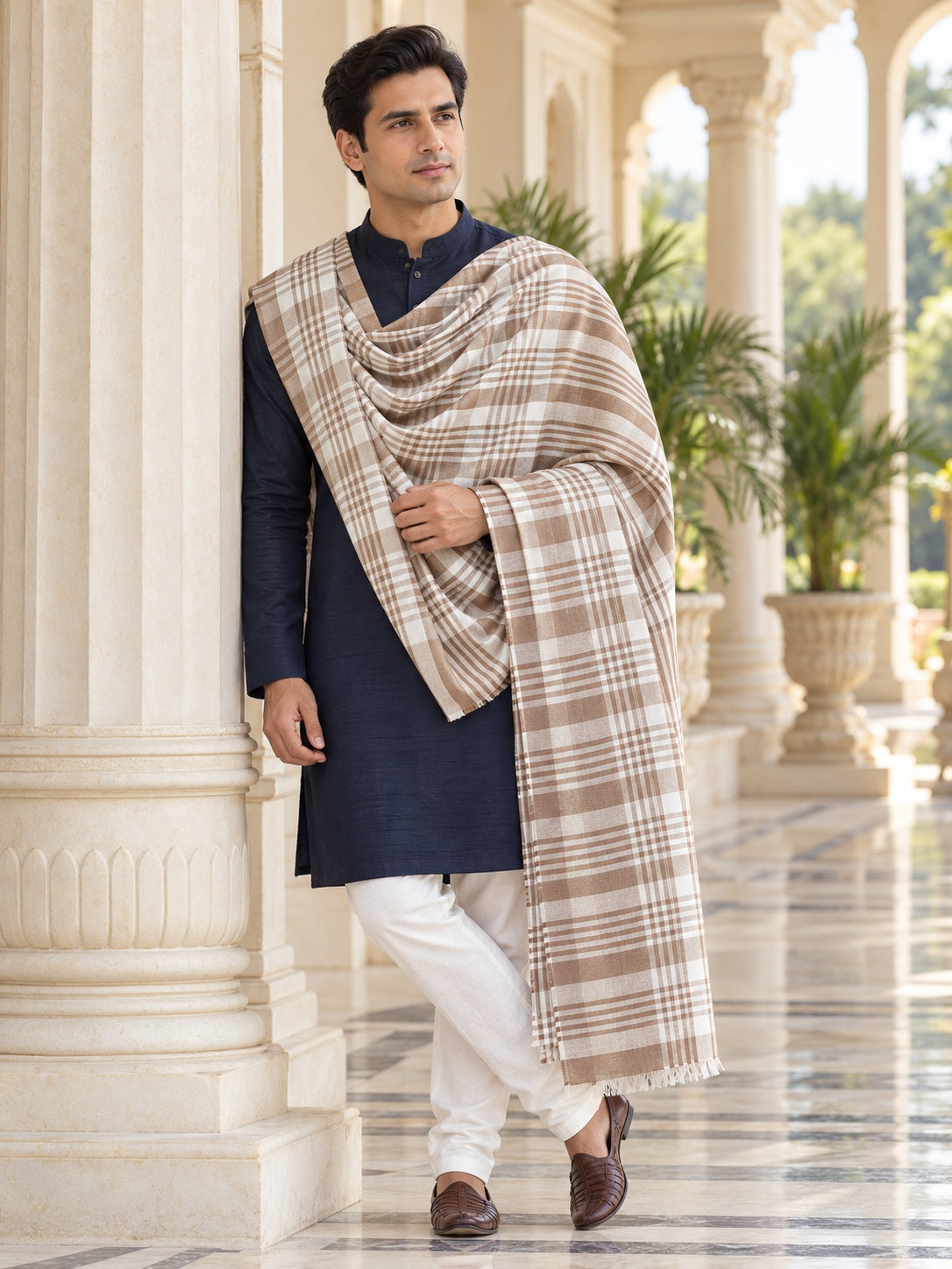 Weavers Villa MS-CHECKS-WHITE men's shawl styled on a premium model in a royal setting, view 1.