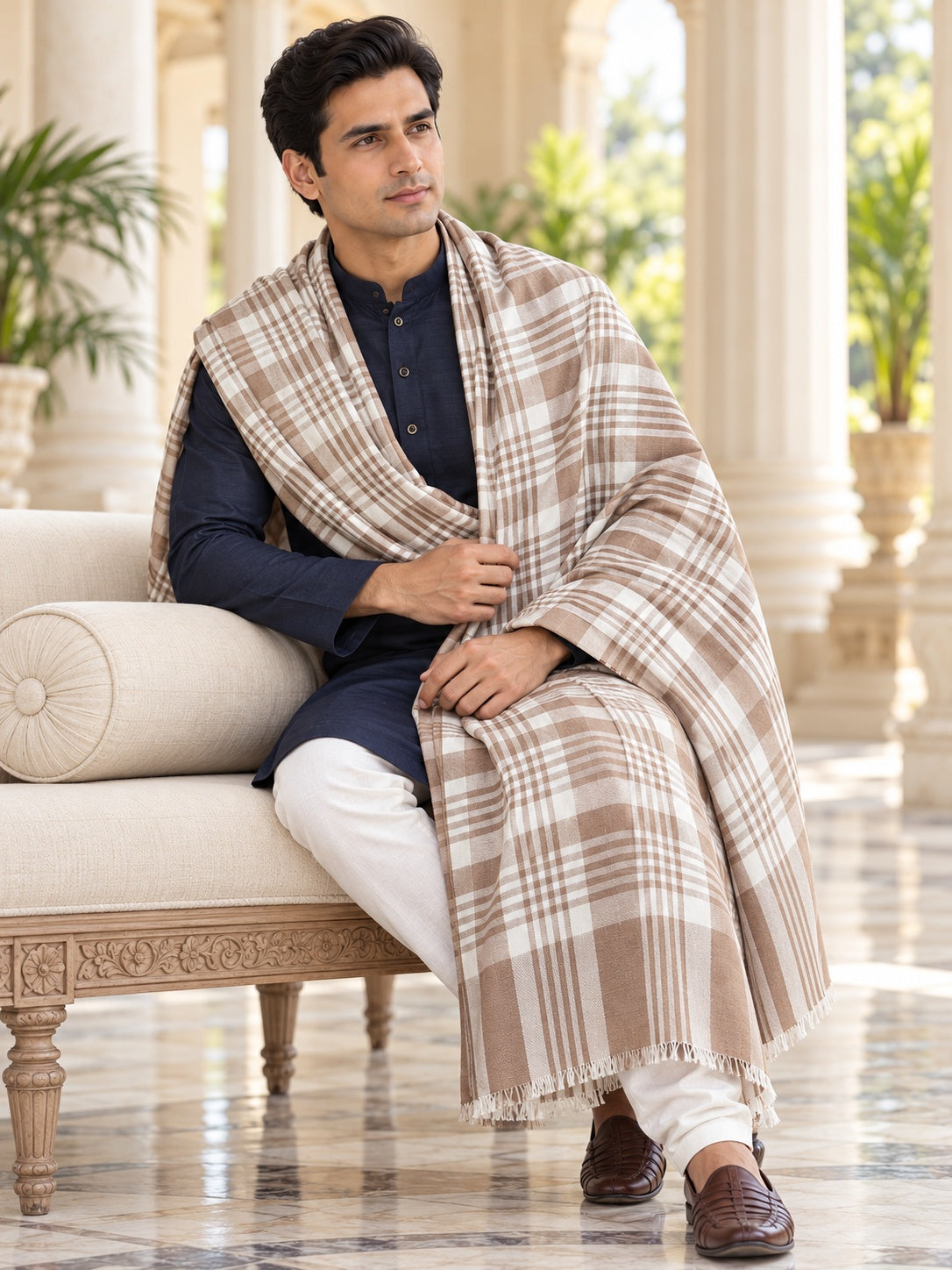 Weavers Villa MS-CHECKS-WHITE men's shawl styled on a premium model in a royal setting, view 2.