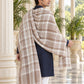 Weavers Villa MS-CHECKS-WHITE men's shawl styled on a premium model in a royal setting, view 3.