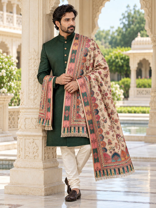 Weavers Villa MS-DIGITAL-170-CREAM-FLORAL men's shawl styled on a premium model in a royal setting, view 1.