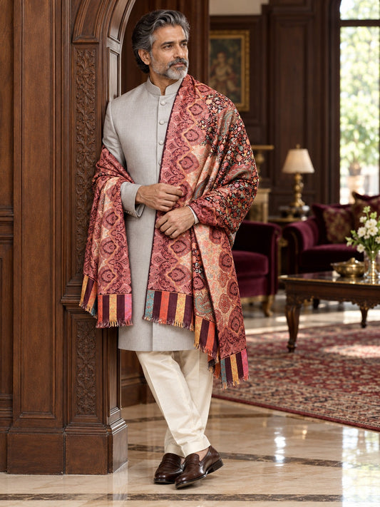 Weavers Villa MS-DIGITAL-170-MAROON-STRIPE men's shawl styled on a premium model in a royal setting, view 1.