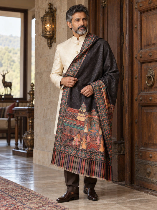 Weavers Villa MS-DIGITAL-172 men's shawl styled on a premium model in a royal setting, view 1.