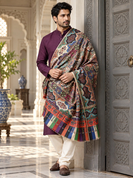 Weavers Villa MS-DIGITAL-173 men's shawl styled on a premium model in a royal setting, view 1.