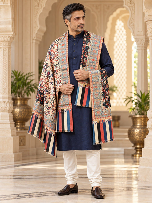 Weavers Villa MS-DIGITAL-174 men's shawl styled on a premium model in a royal setting, view 1.