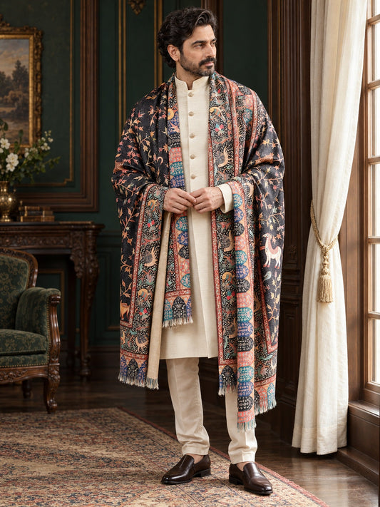 Weavers Villa MS-DIGITAL-175 men's shawl styled on a premium model in a royal setting, view 1.