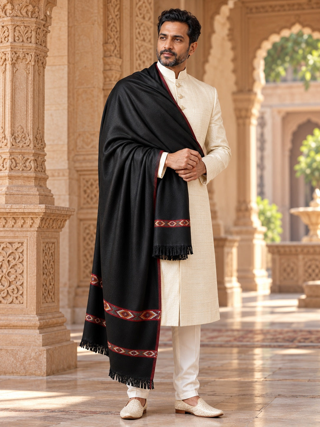Weavers Villa MS-KINAURI-BLACK men's shawl styled on a premium model in a royal setting, view 2.