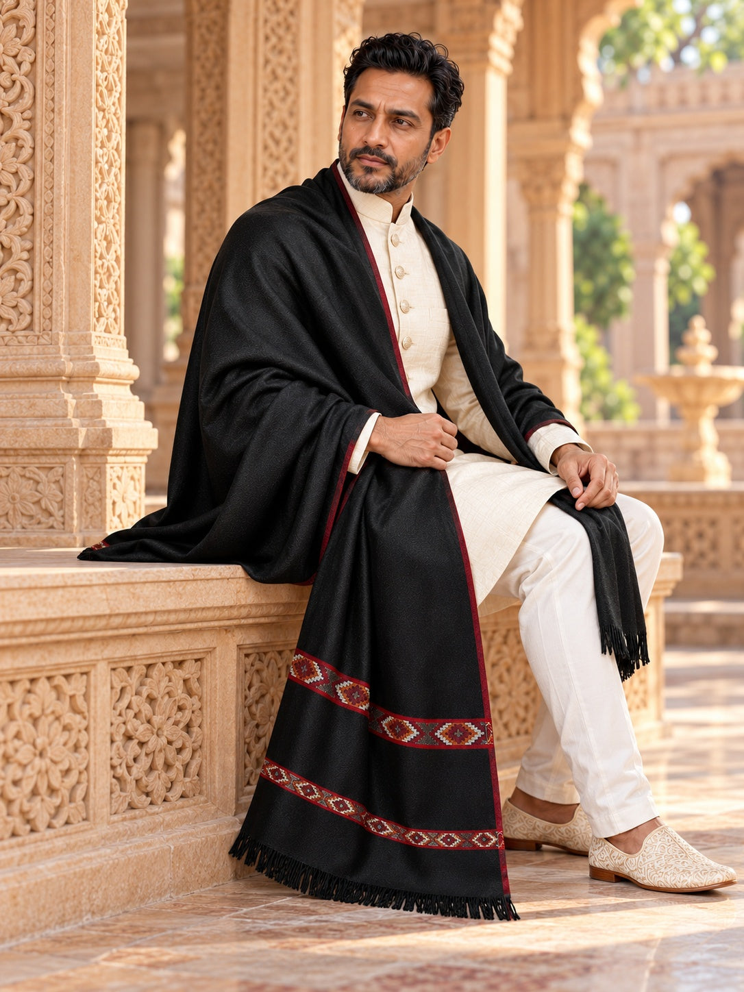 Weavers Villa MS-KINAURI-BLACK men's shawl styled on a premium model in a royal setting, view 3.