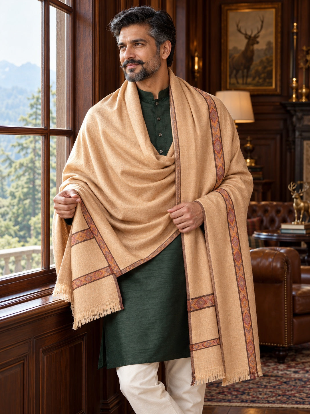 Weavers Villa MS-KINAURI-DARKBEIGE men's shawl styled on a premium model in a royal setting, view 1.