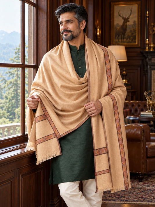 Weavers Villa MS-KINAURI-DARKBEIGE men's shawl styled on a premium model in a royal setting, view 1.