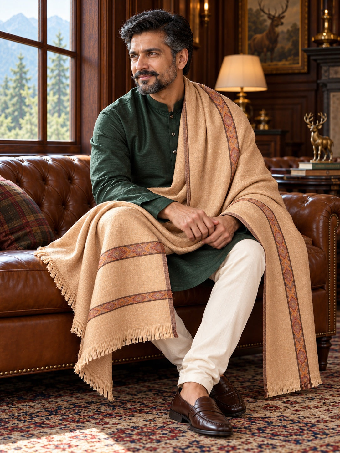 Weavers Villa MS-KINAURI-DARKBEIGE men's shawl styled on a premium model in a royal setting, view 2.