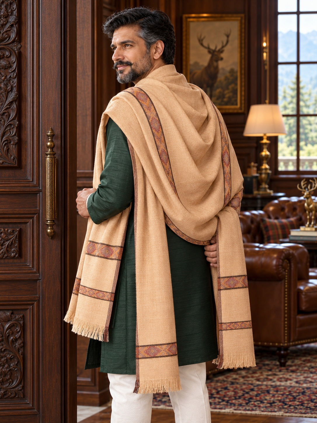 Weavers Villa MS-KINAURI-DARKBEIGE men's shawl styled on a premium model in a royal setting, view 3.
