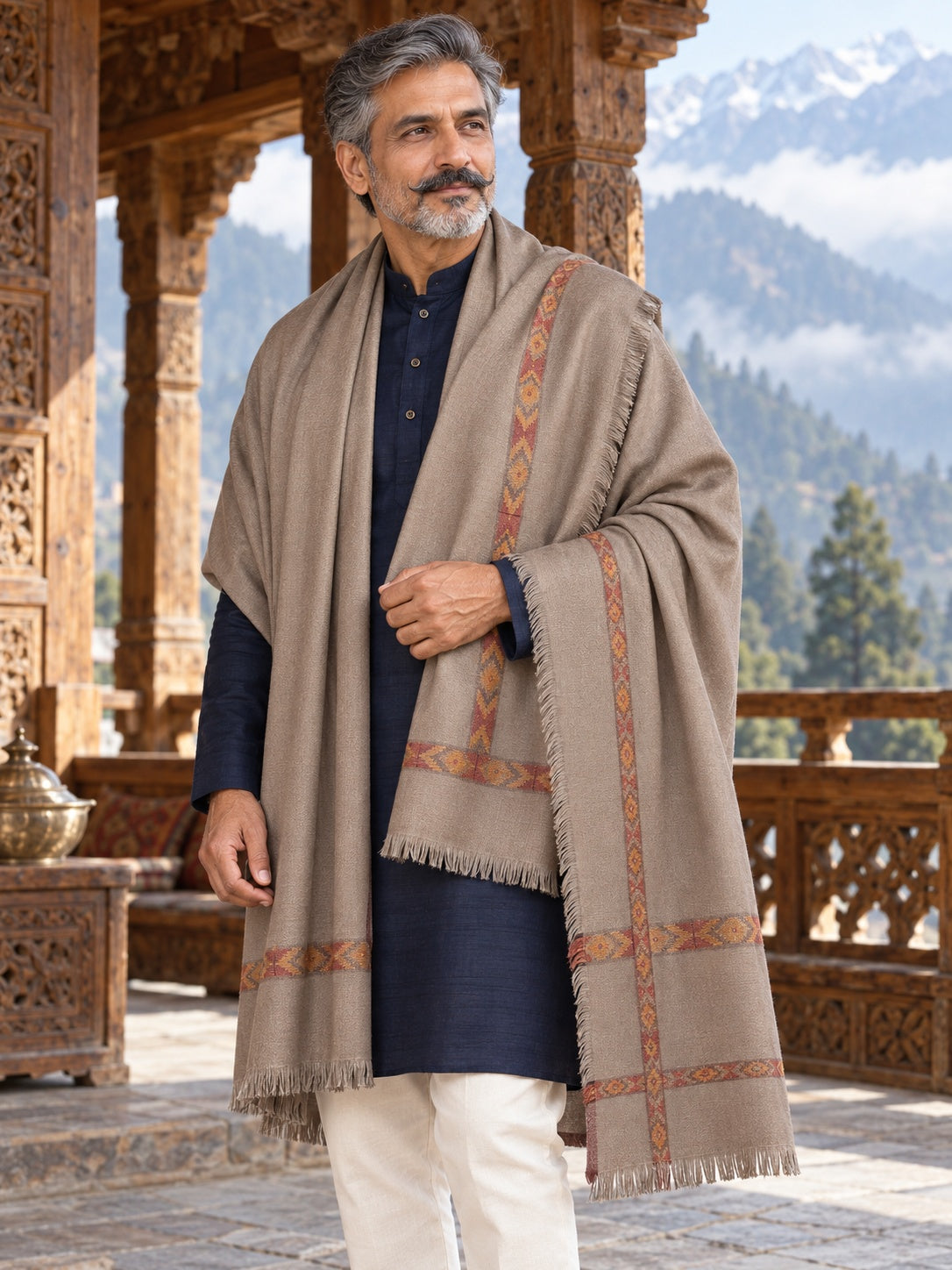 Weavers Villa MS-KINAURI-DARKGREY men's shawl styled on a premium model in a royal setting, view 1.