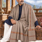 Weavers Villa MS-KINAURI-DARKGREY men's shawl styled on a premium model in a royal setting, view 2.