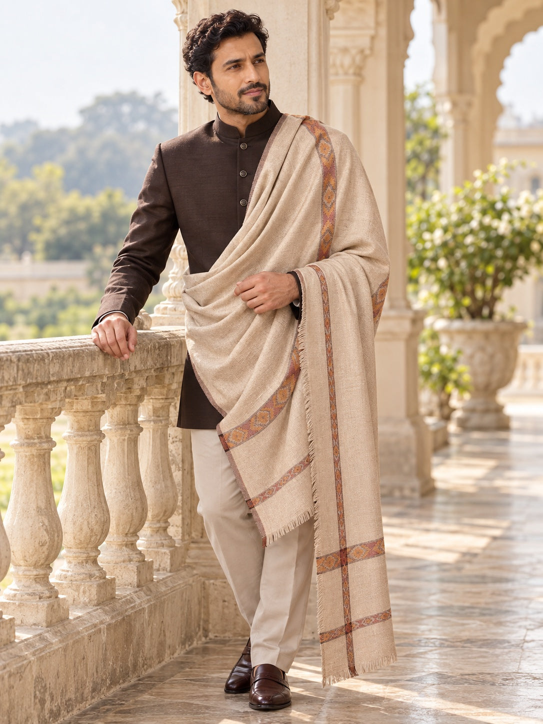Weavers Villa MS-KINAURI-LIGHTBEIGE men's shawl styled on a premium model in a royal setting, view 1.