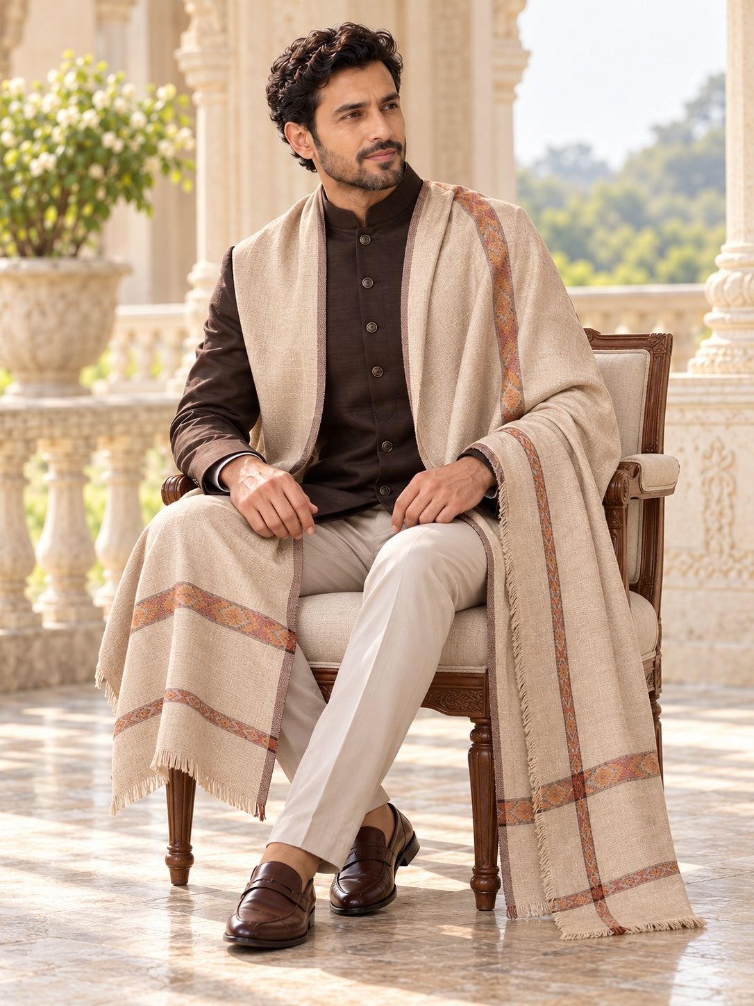 Weavers Villa MS-KINAURI-LIGHTBEIGE men's shawl styled on a premium model in a royal setting, view 2.
