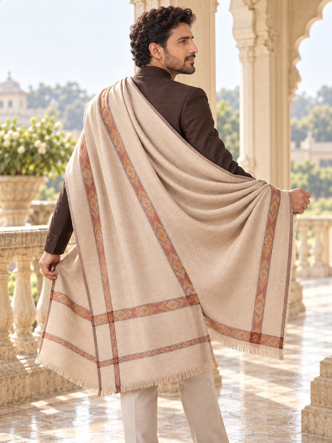 Weavers Villa MS-KINAURI-LIGHTBEIGE men's shawl styled on a premium model in a royal setting, view 3.